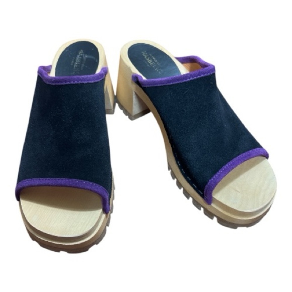 Swedish Hasbeens Sz 8 US (38 EU) Piping Clog Black Suede Purple Piping EUC